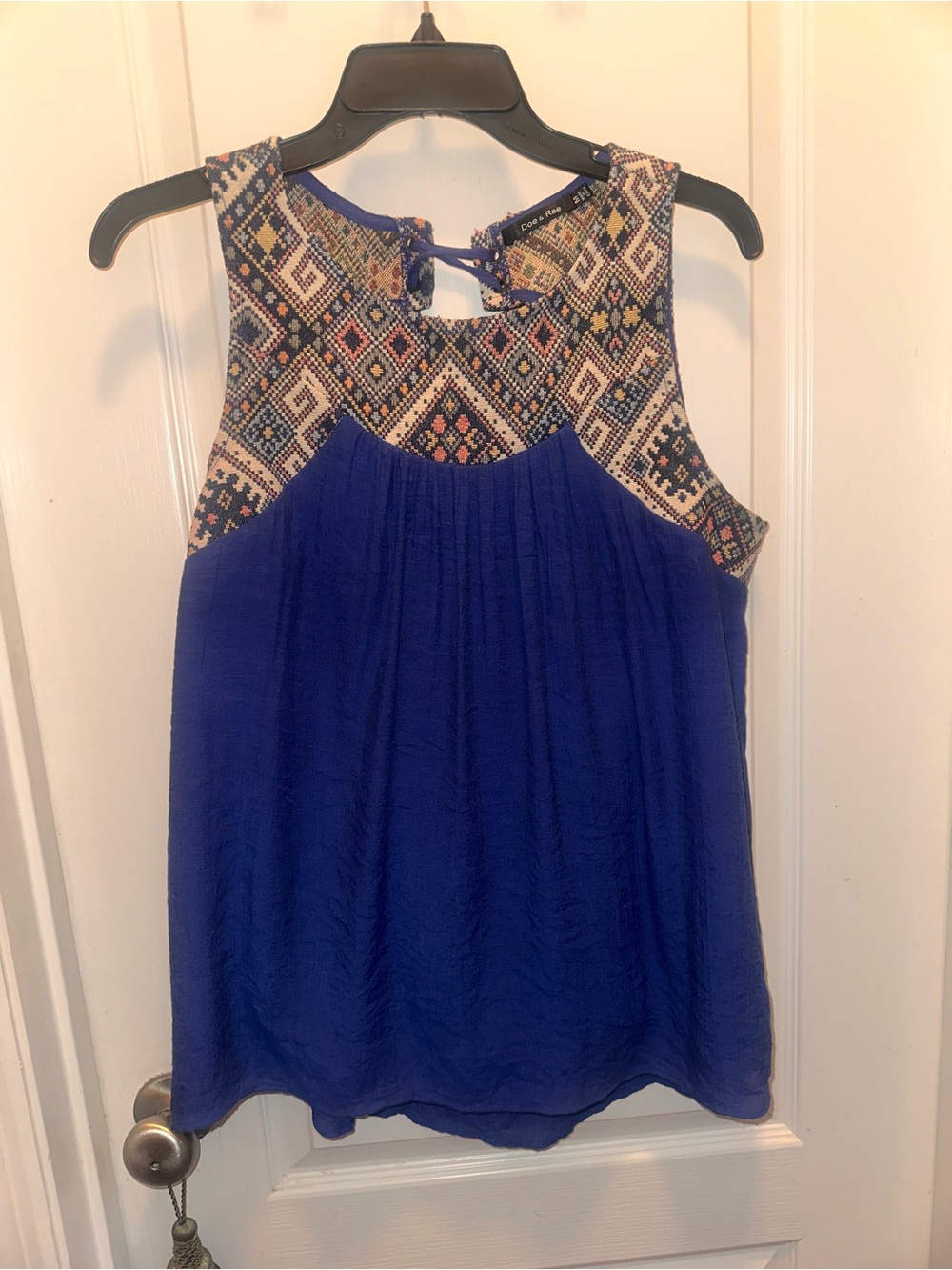 Doe & Rae Royal Blue Sleeveless Camisole with Embroidered Yoke